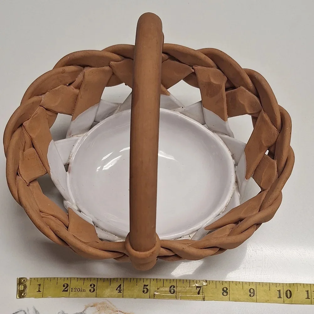 Vintage Italian Ceramic & Terracotta Charming Tan and White Woven Basket